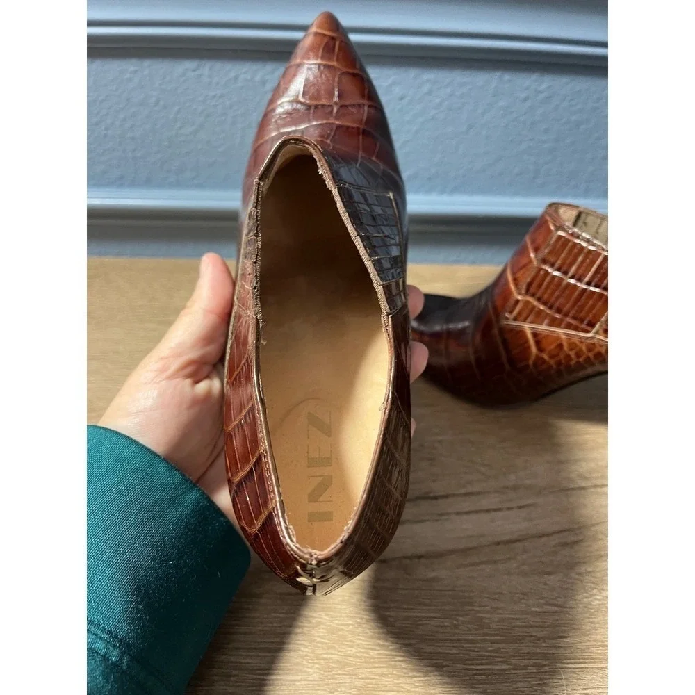 Inez‎ Pointed Toe Brown Embossed Leather Ankle Booties Stiletto Heel Size 8.5M - Picture 3 of 8
